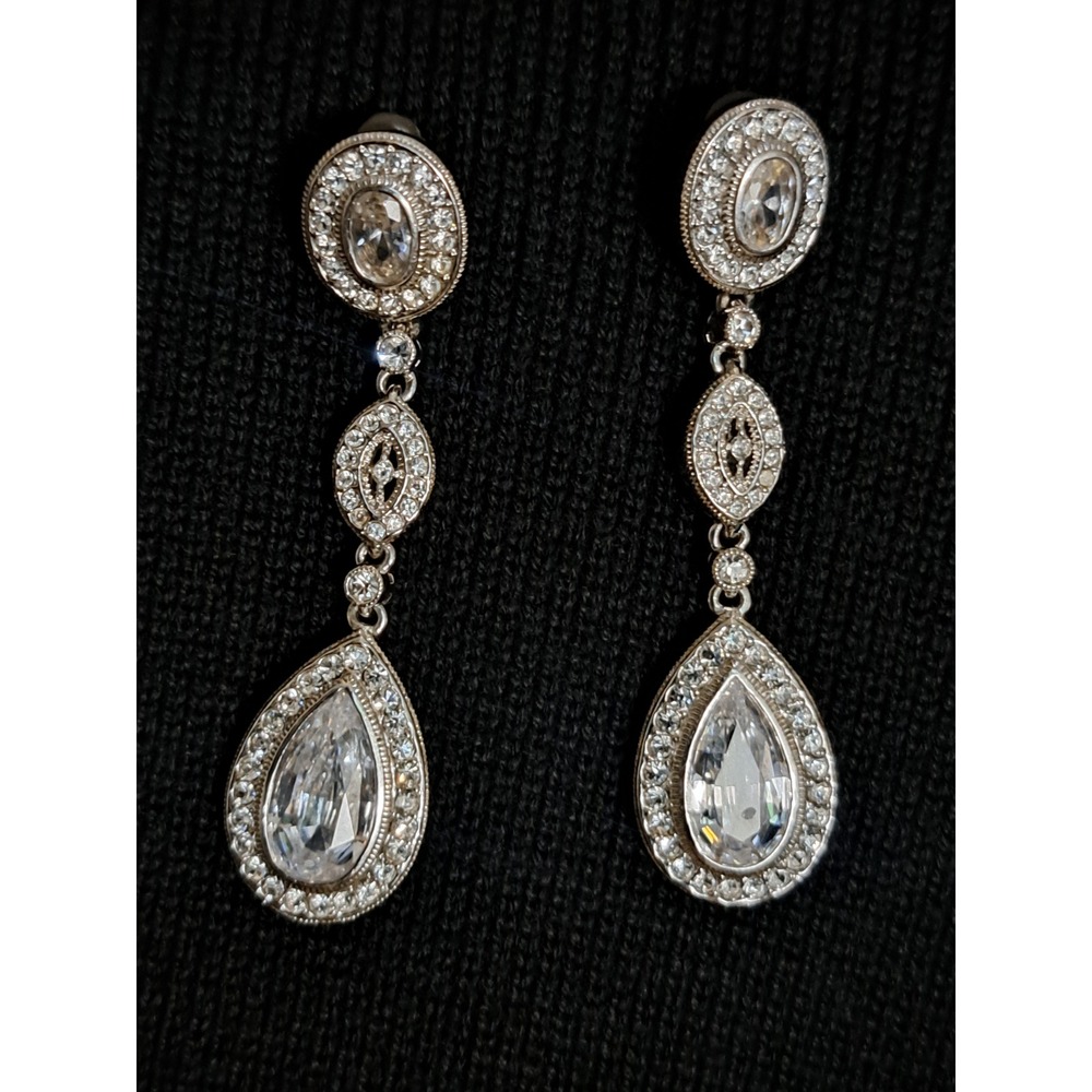 Nadri Silver Tone Pear Cut Crystal Drop Earrings Bridal Formal Dangle